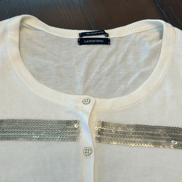 Lands End Cardigan. 3X. Cream with golden sequin stripes. - Picture 3 of 11